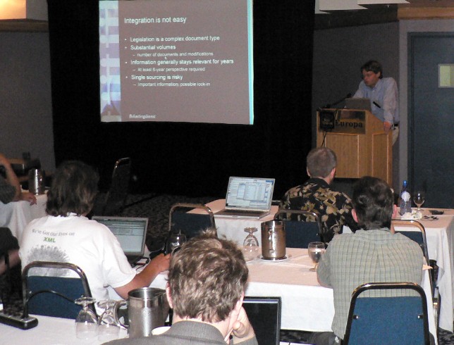 Matthijs Breebaartis talks at Extreme 2005 (also seen, Eric van der Vlist, G. Ken Holman, and Elliotte's PowerBook)